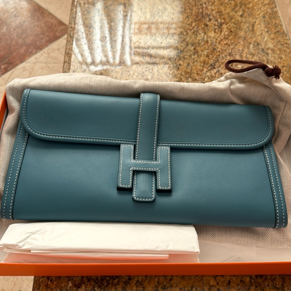 Hermes Gige Elan 29 blue Jean swift leather clutch